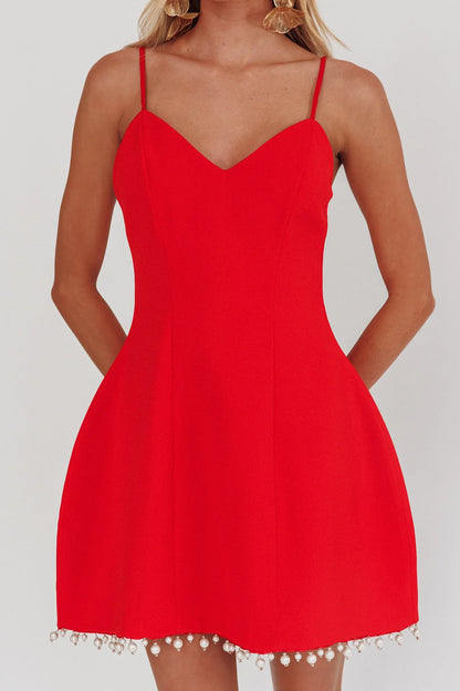 Besos Pearl Hem Mini Dress Red