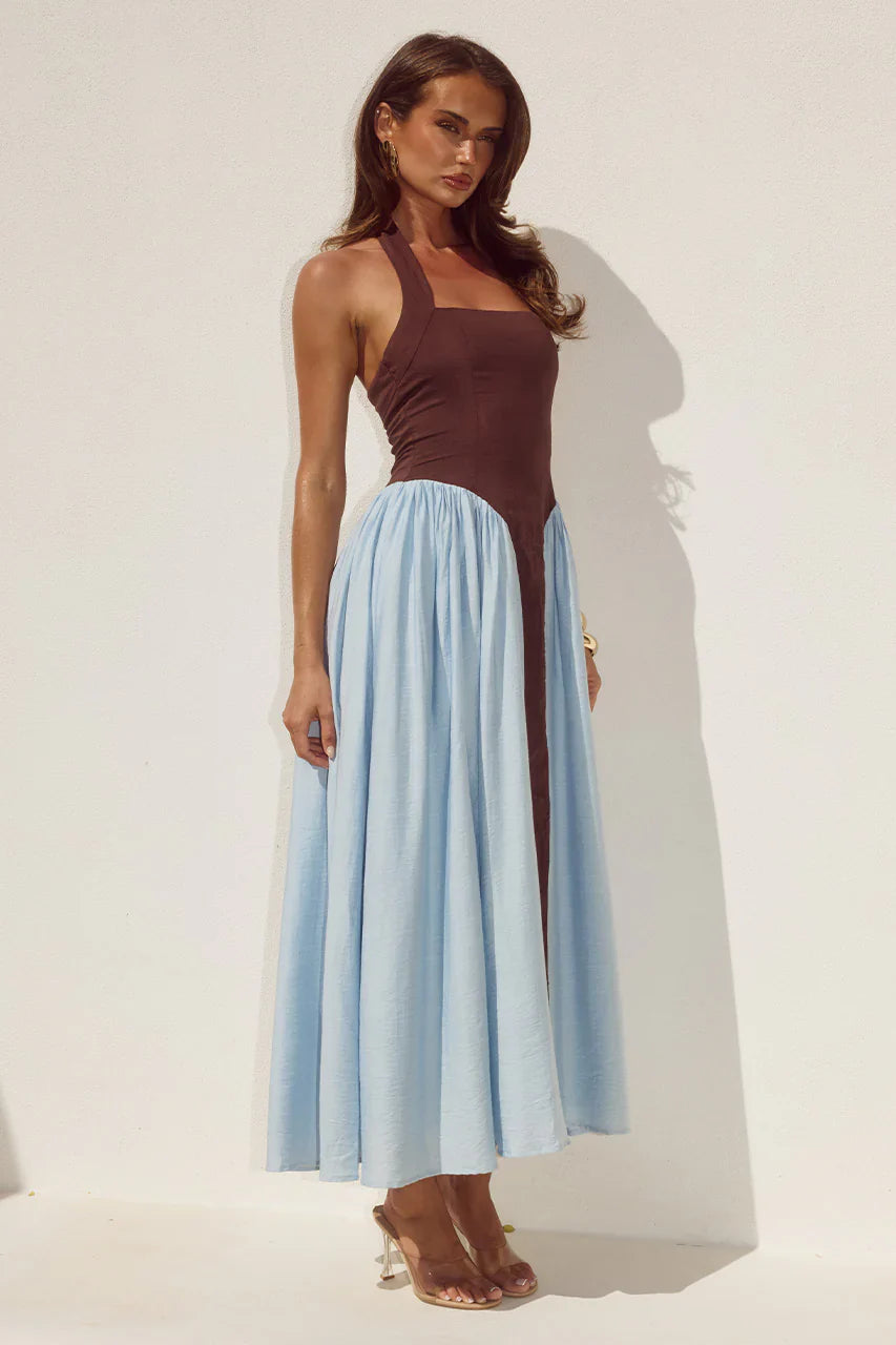 SAMMI HALTER MIDI DRESS - CHOCOLATE/SKY BLUE