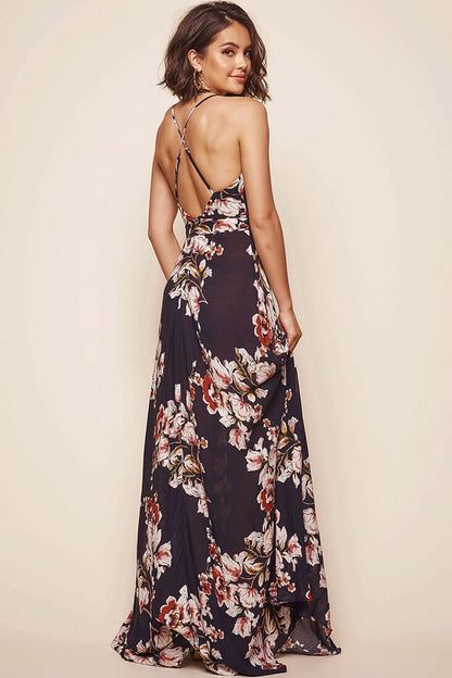 Calabasas Floral Waist Tie Maxi Dress Navy