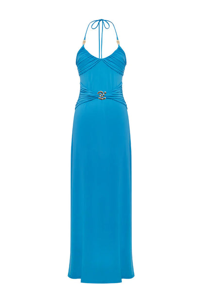 NINA RUCHED HALTER MAXI DRESS - OCEAN
