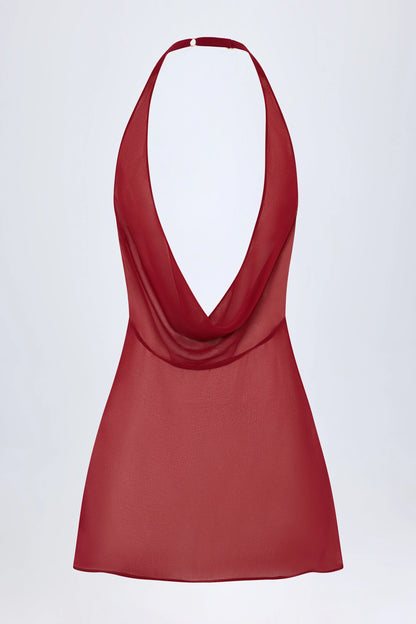 Cowl-Neck Backless Mini Dress in Dark Cherry
