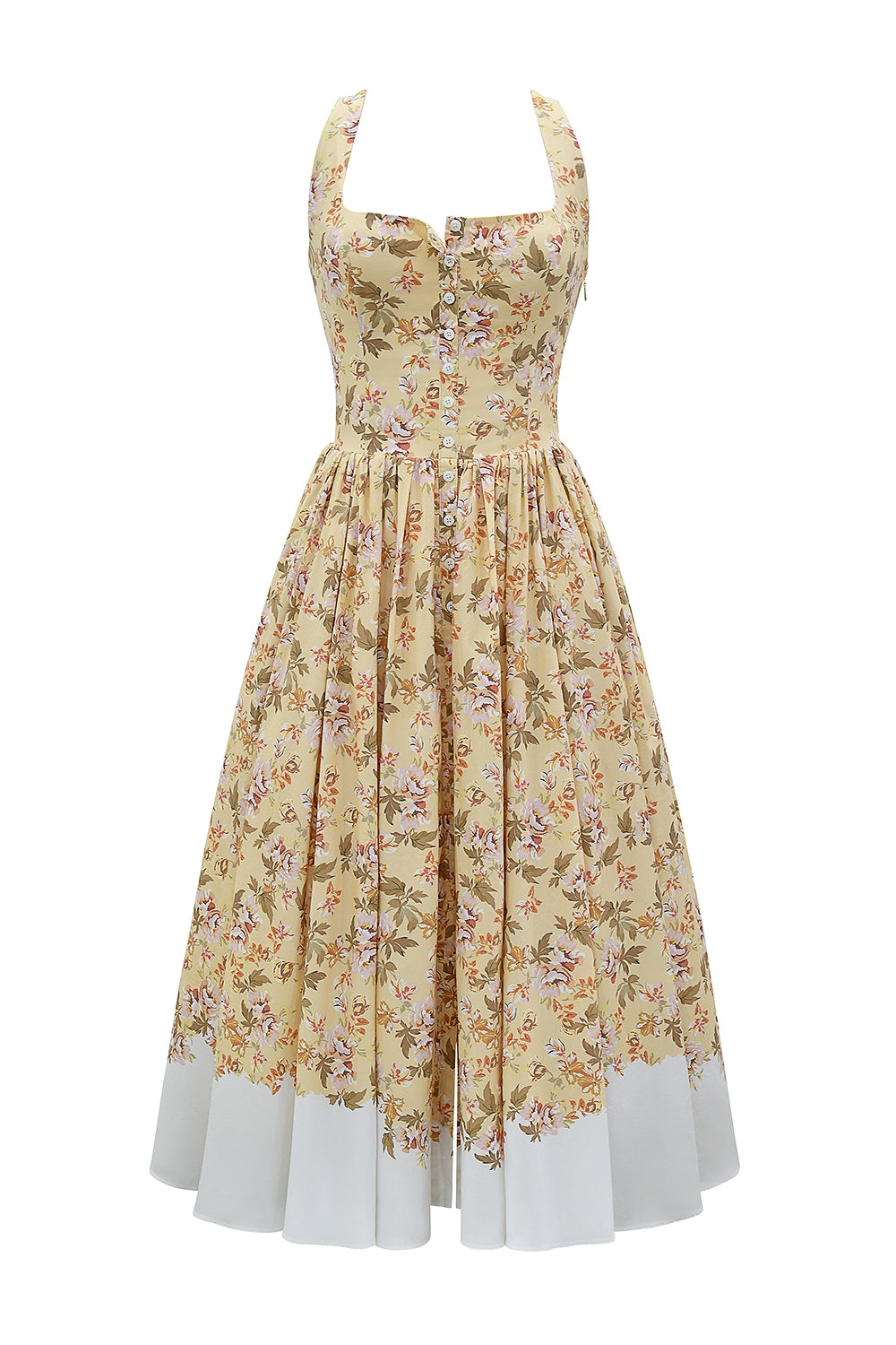 honeyflower print gathered cotton midi dress