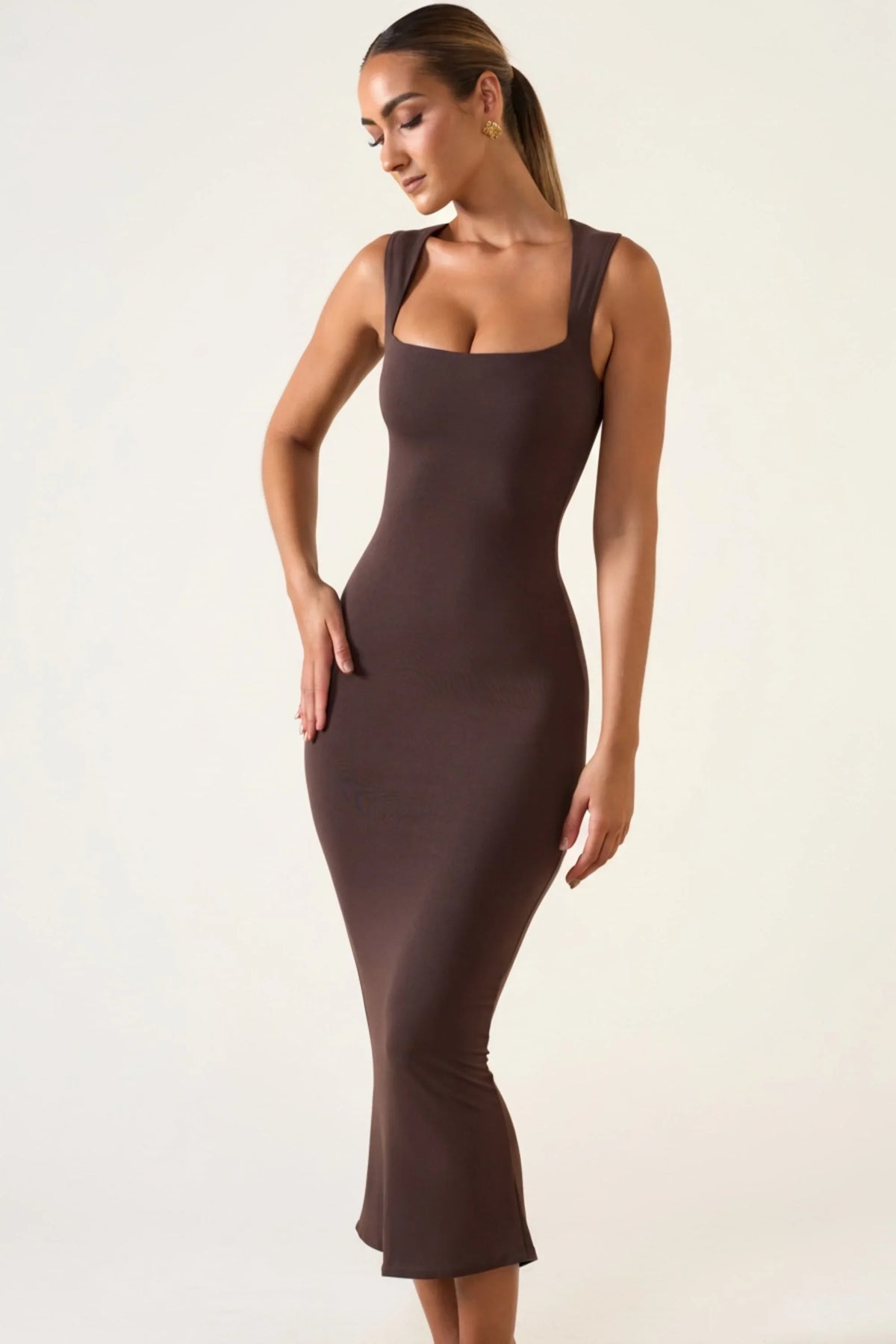 Square Neck Midi Dress in Chocolate Brown