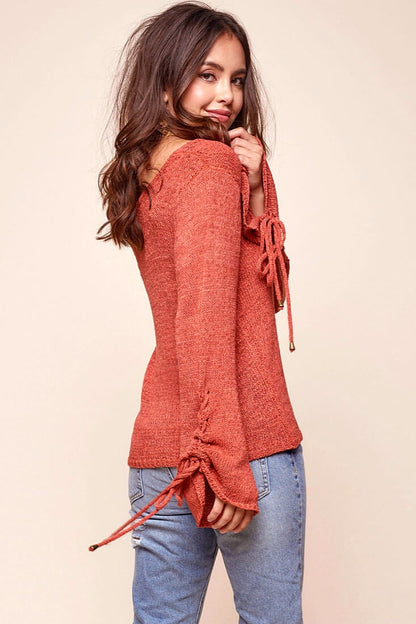 Cairo Knitted Long Tie Sleeved Top Rust