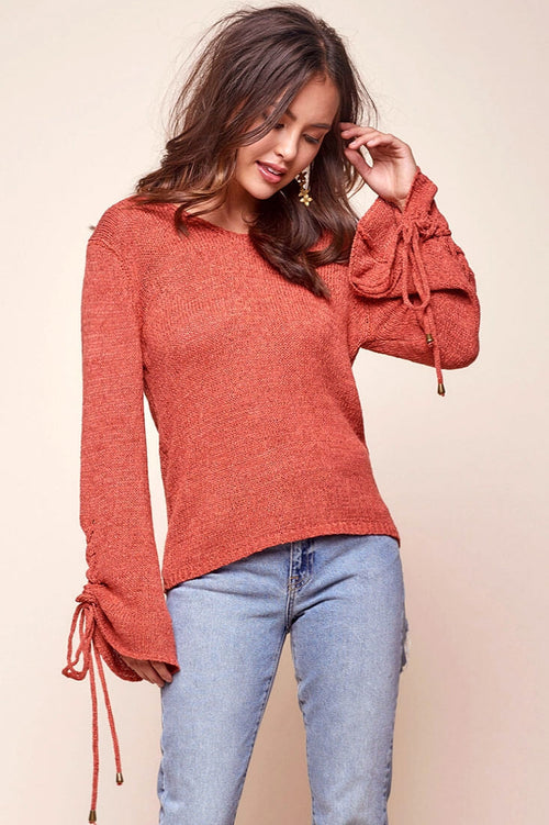 Cairo Knitted Long Tie Sleeved Top Rust
