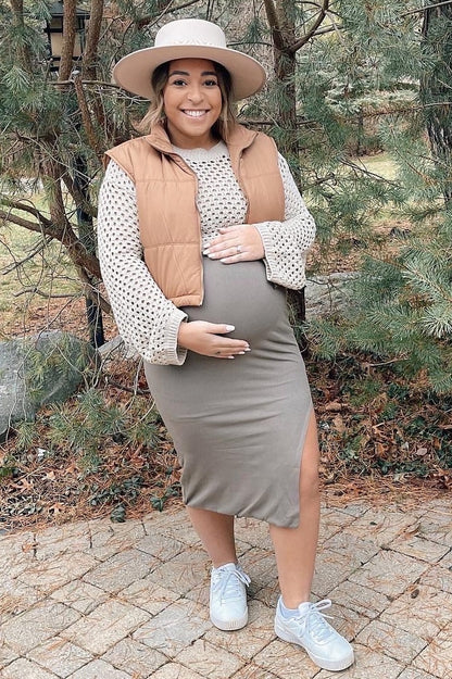 Beige Long Sleeve Ribbed Maternity Top