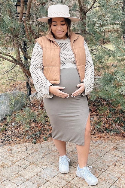 Beige Long Sleeve Ribbed Maternity Top