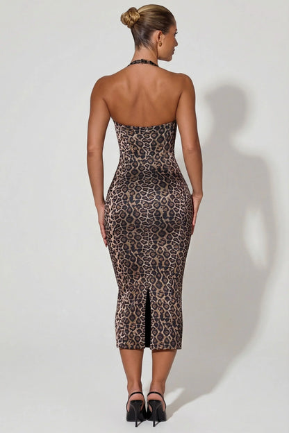 Layered Halterneck Bodycon Midi Dress in Leopard Print