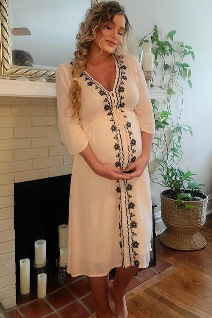 Beige Floral Embroidered 3/4 Sleeve Maternity Midi Dress