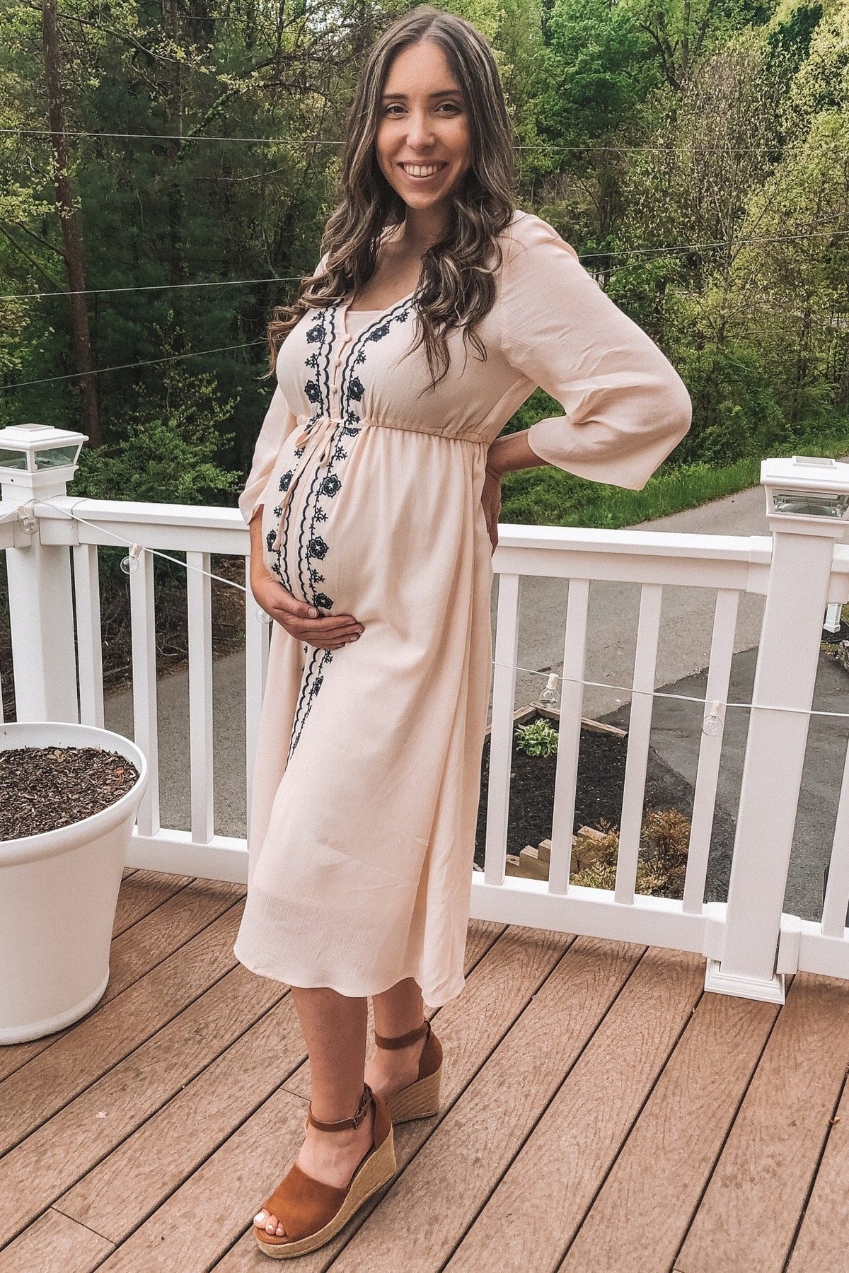 Beige Floral Embroidered 3/4 Sleeve Maternity Midi Dress