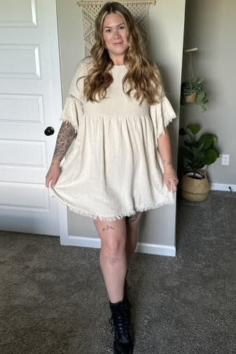 Beige Raw Edge Bell Sleeve Babydoll Dress