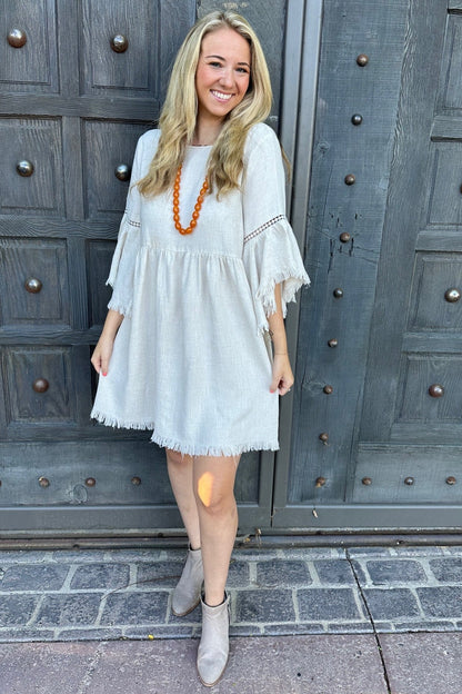 Beige Raw Edge Bell Sleeve Babydoll Dress