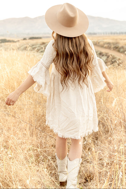 Beige Raw Edge Bell Sleeve Babydoll Dress