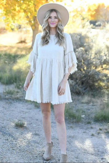 Beige Raw Edge Bell Sleeve Babydoll Dress