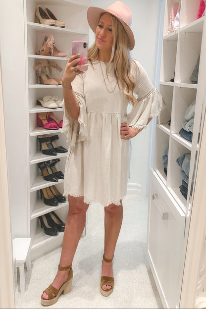 Beige Raw Edge Bell Sleeve Babydoll Dress