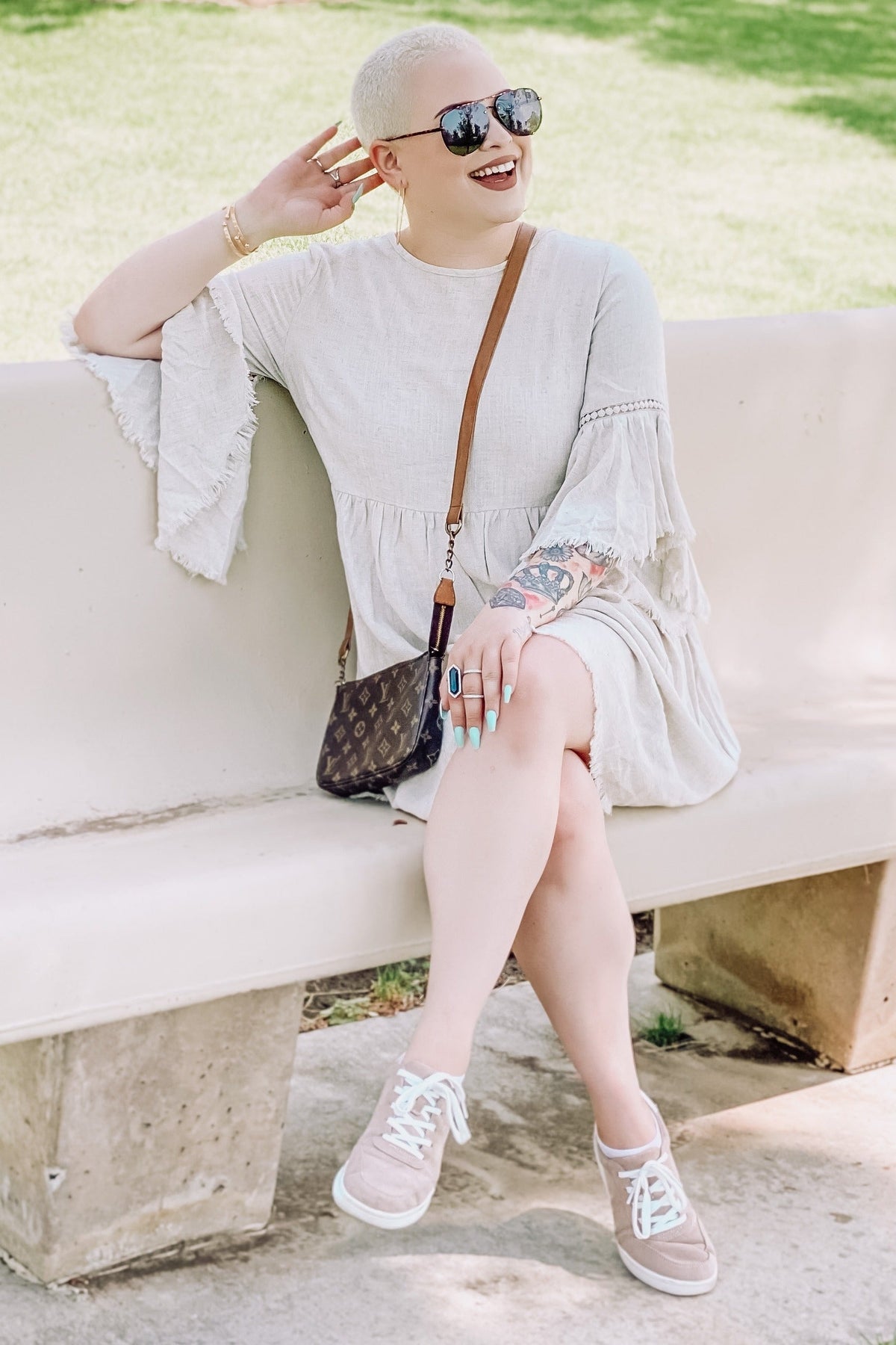 Beige Raw Edge Bell Sleeve Babydoll Dress