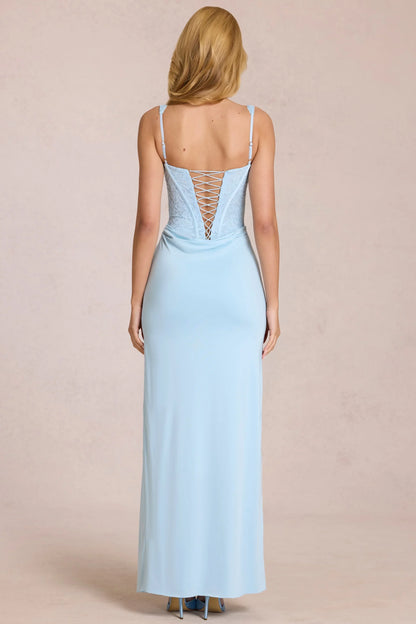 Lace Corset Maxi Dress in Powder Blue