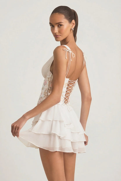 Embellished Ruffled Corset Mini Dress in Ivory