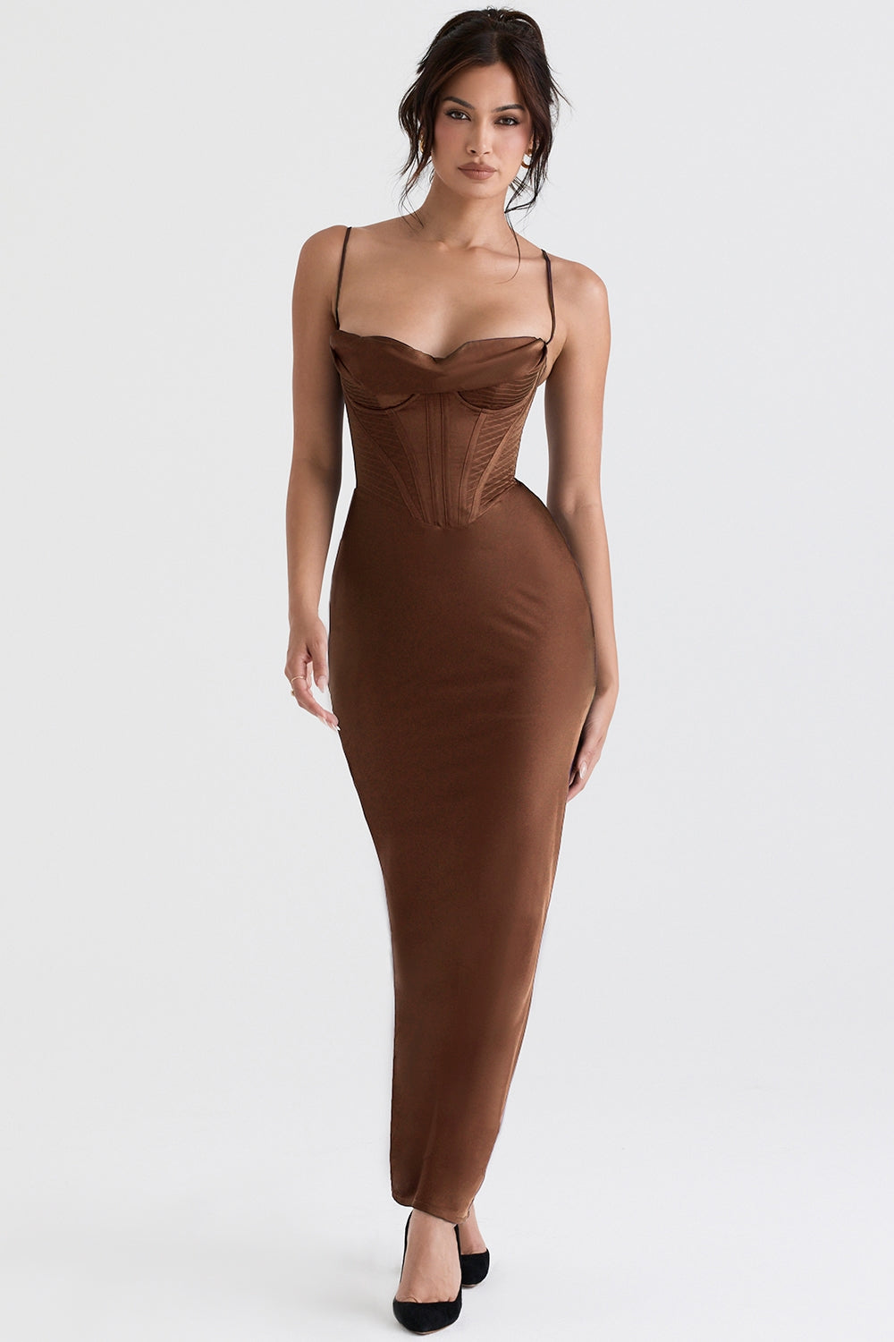 chocolate corset maxi dress