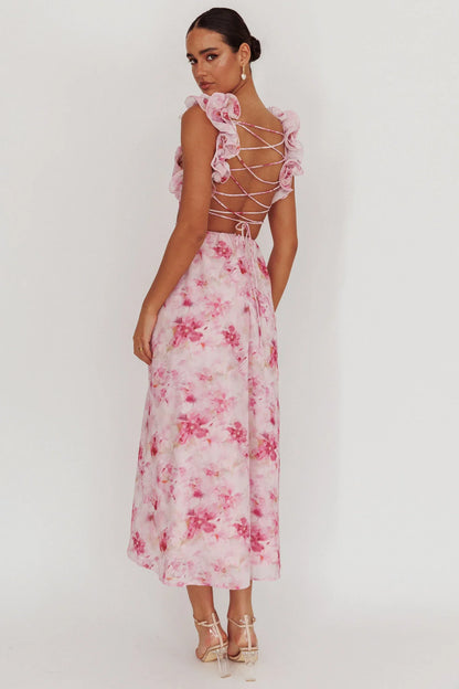 Madara Lace-Up Back Floral Maxi Dress Lilac