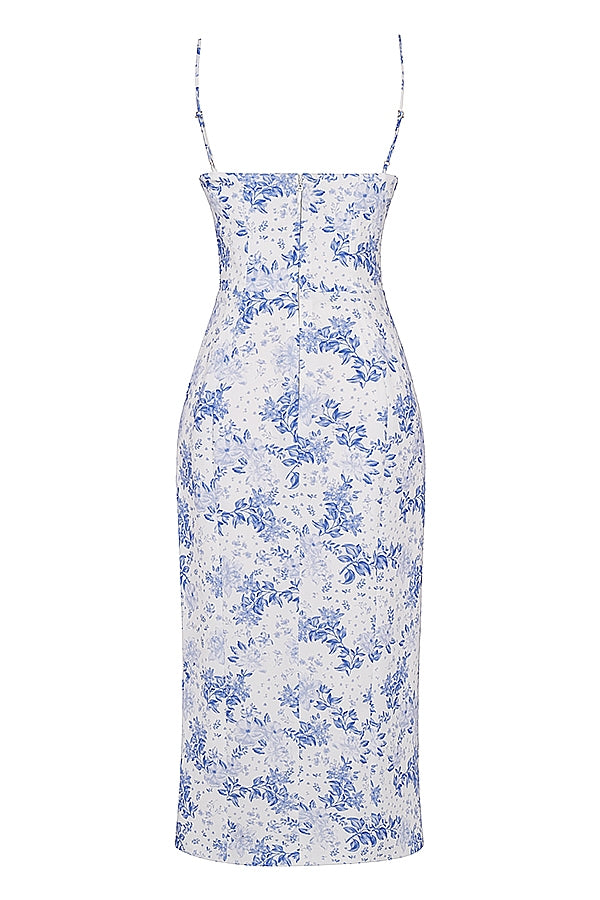 blue print corset midi dress
