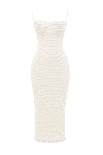 cream tea frill lace midi dress