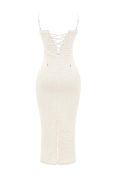 cream tea frill lace midi dress