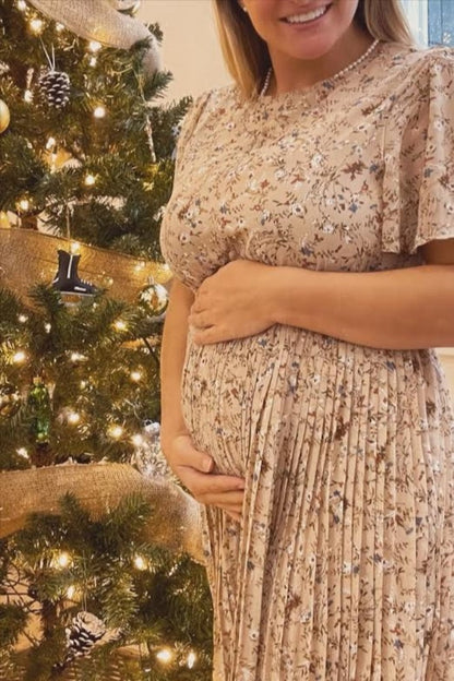Beige Floral Pleated Short Sleeve Chiffon Maternity Midi Dress