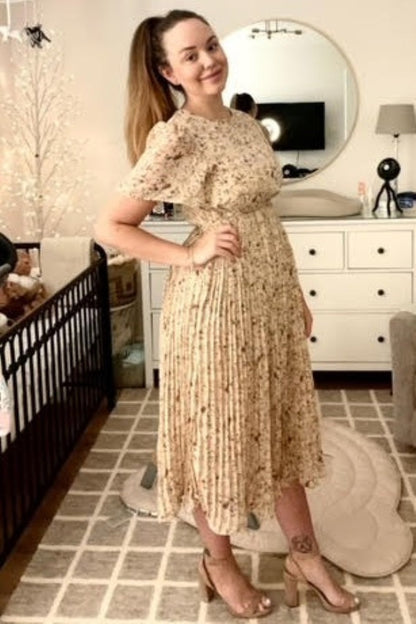 Beige Floral Pleated Chiffon Midi Dress