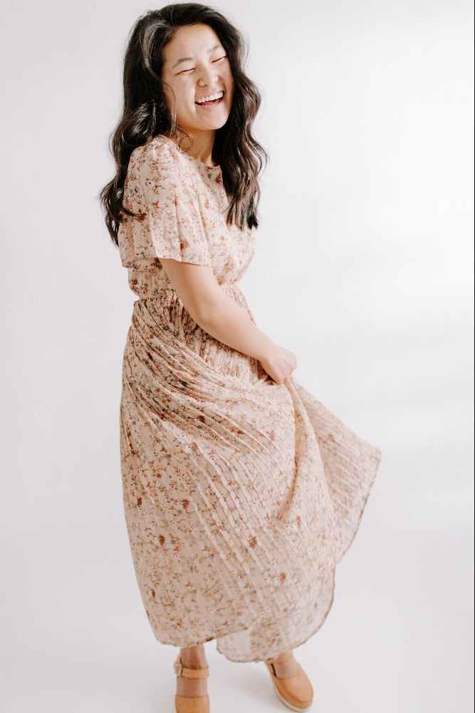 Beige Floral Pleated Chiffon Midi Dress