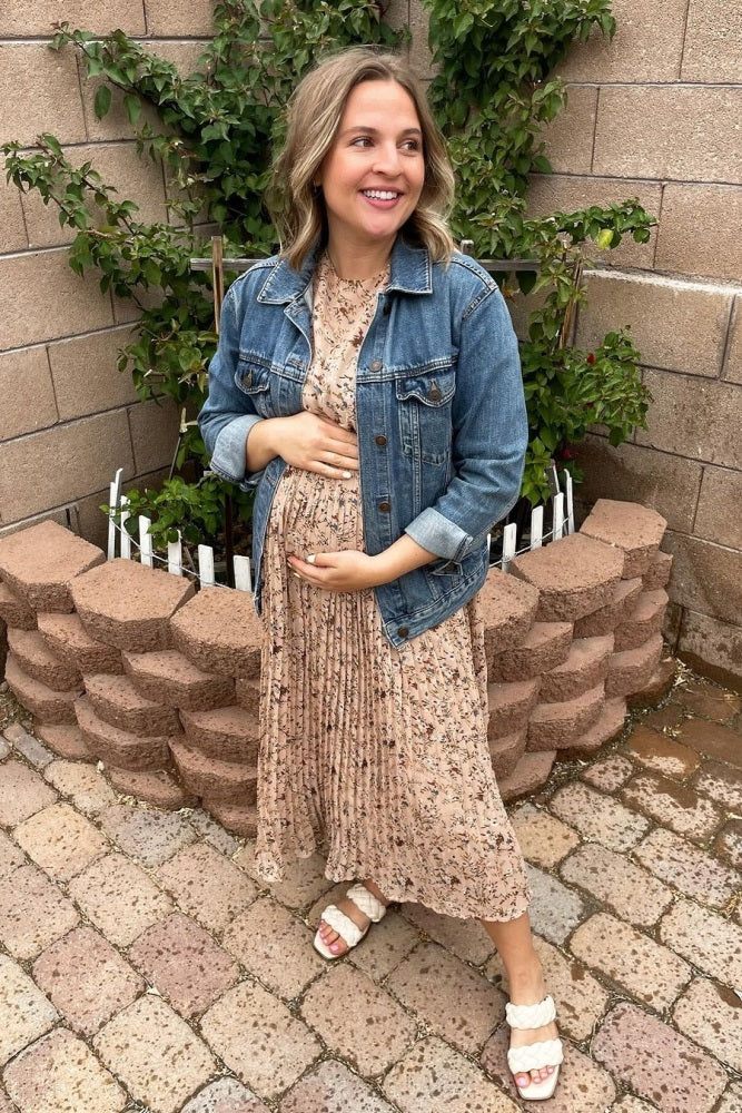 Beige Floral Pleated Short Sleeve Chiffon Maternity Midi Dress