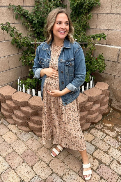 Beige Floral Pleated Short Sleeve Chiffon Maternity Midi Dress