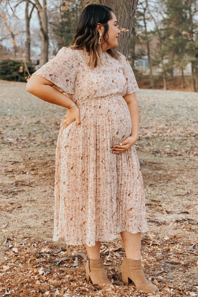 Beige Floral Pleated Short Sleeve Chiffon Maternity Midi Dress