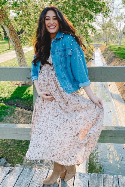 Beige Floral Pleated Short Sleeve Chiffon Maternity Midi Dress