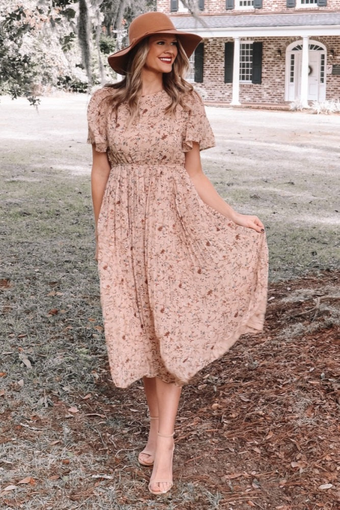 Beige Floral Pleated Chiffon Midi Dress
