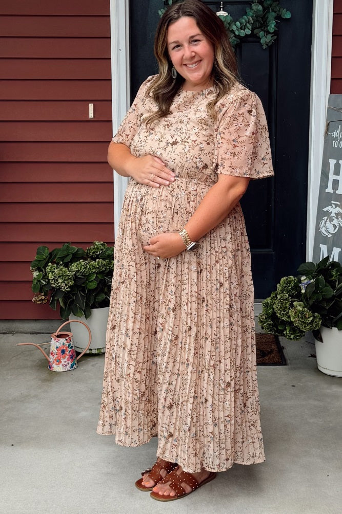 Beige Floral Pleated Short Sleeve Chiffon Maternity Midi Dress