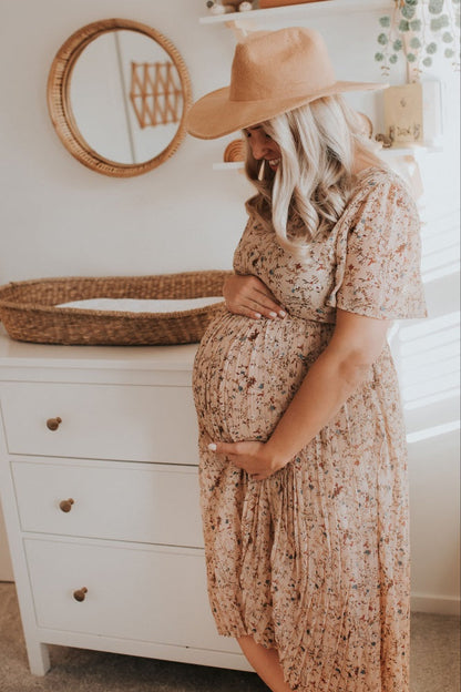 Beige Floral Pleated Short Sleeve Chiffon Maternity Midi Dress