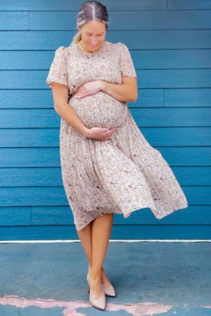 Beige Floral Pleated Short Sleeve Chiffon Maternity Midi Dress