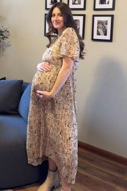 Beige Floral Pleated Short Sleeve Chiffon Maternity Midi Dress