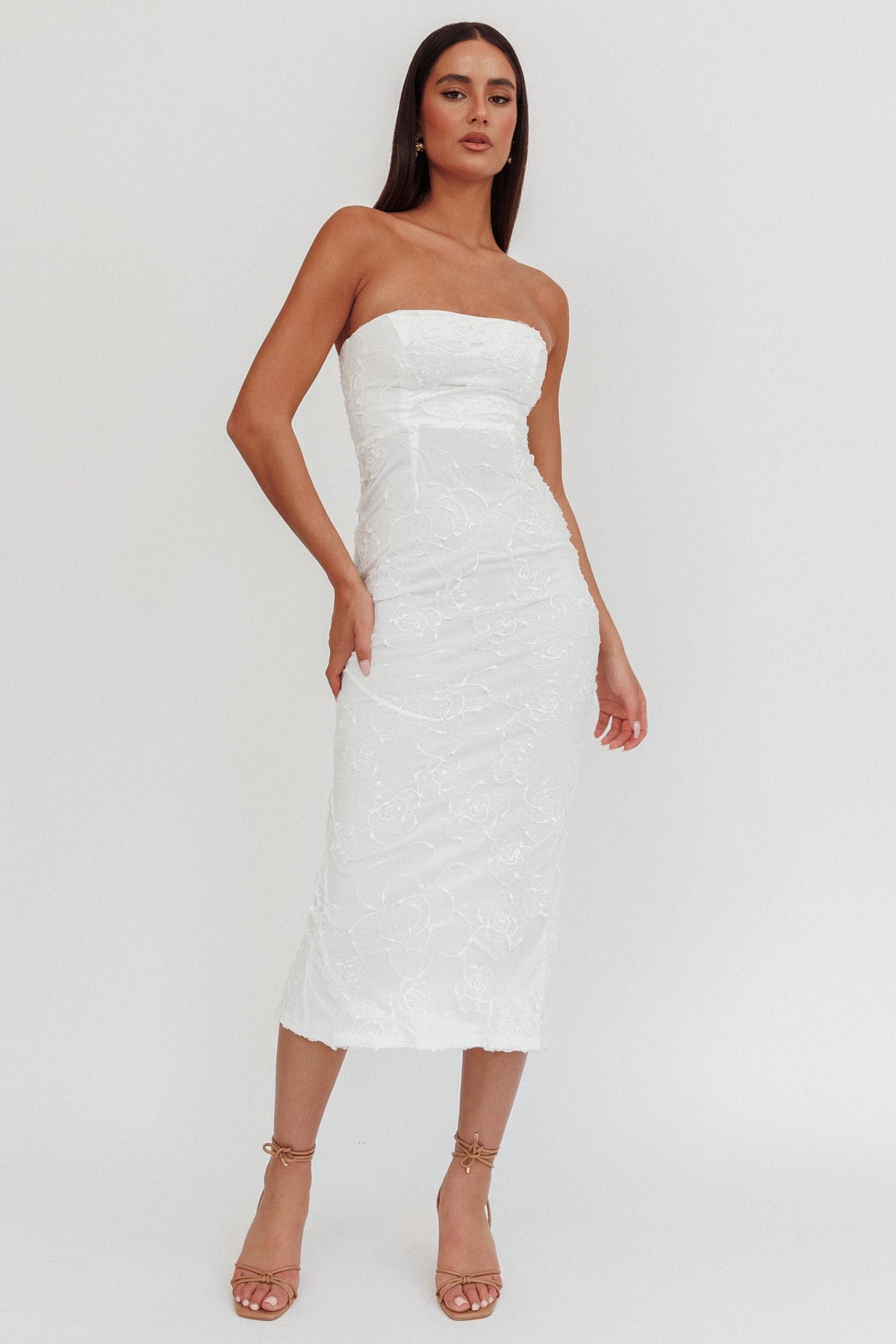 Bia Strapless Embroidered Midi Dress White