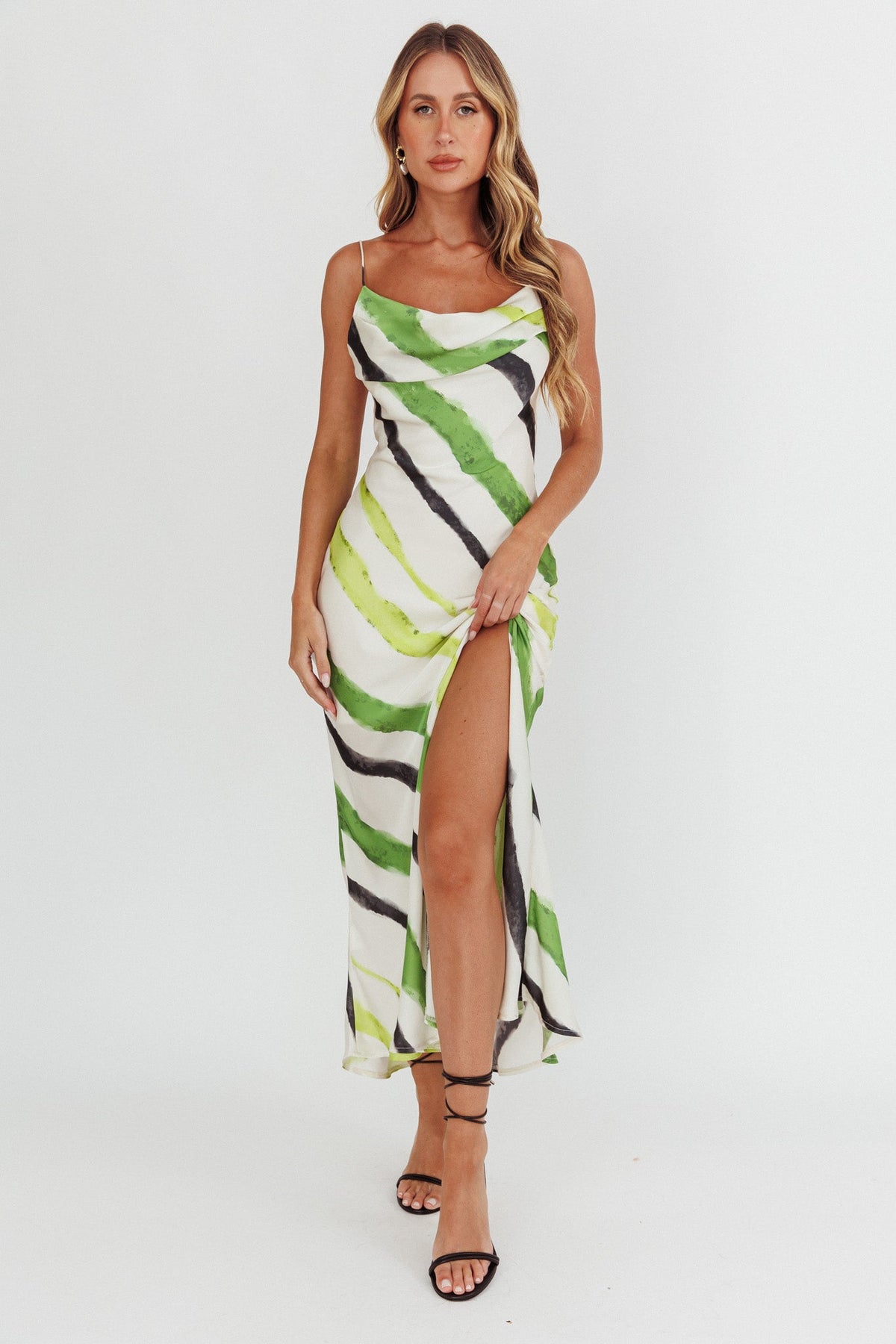 Blondine Cowl Bust Split Maxi Dress Green