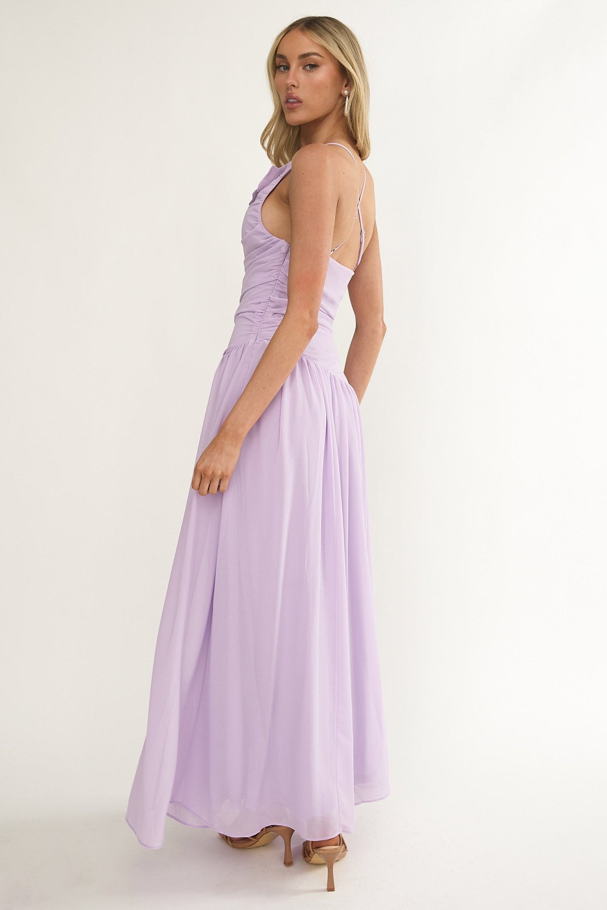 Brighten Drop Waist Flower Accent Maxi Dress Lilac