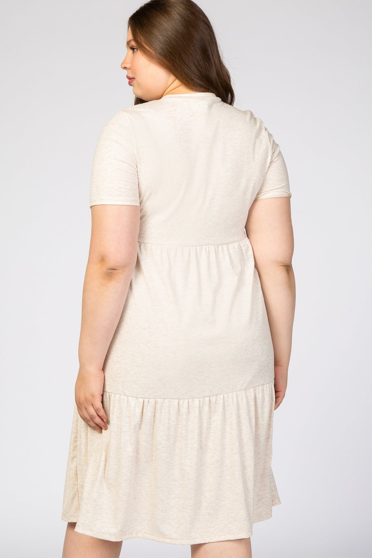 Beige Ribbed Tiered Maternity Plus Dress