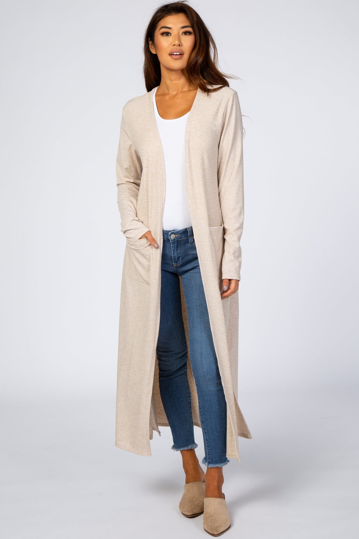 Beige Ribbed Long Sleeve Maternity Duster Cardigan