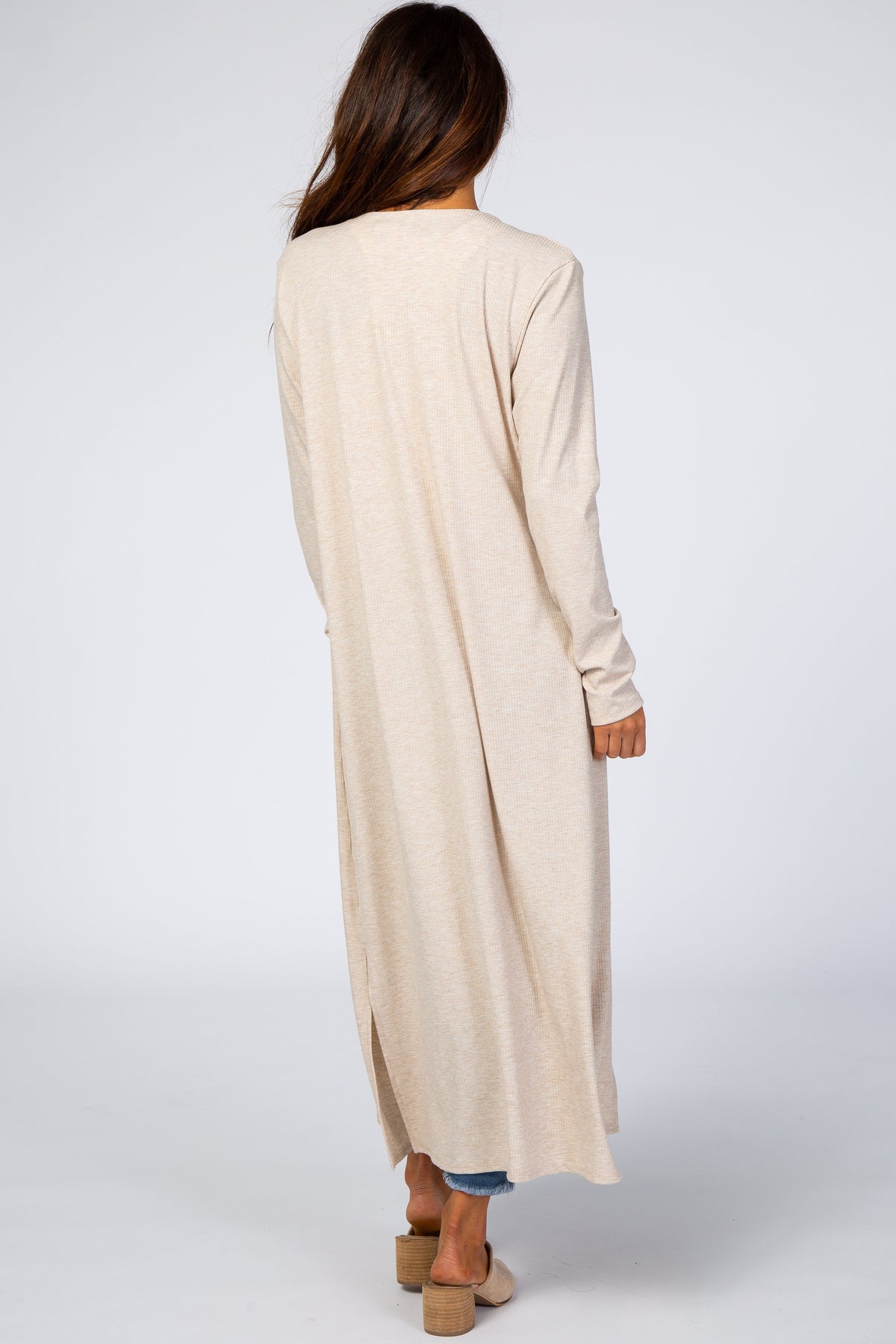 Beige Ribbed Long Sleeve Duster Cardigan