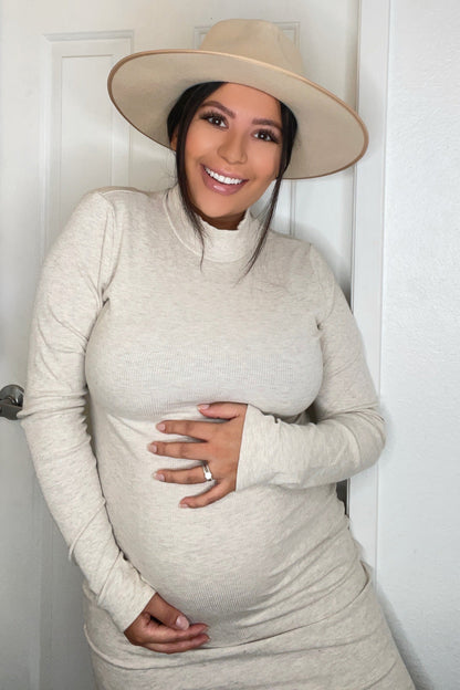 Beige Ribbed Mock Neck Fitted Maternity Dress