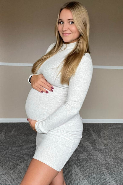 Beige Ribbed Mock Neck Fitted Maternity Dress