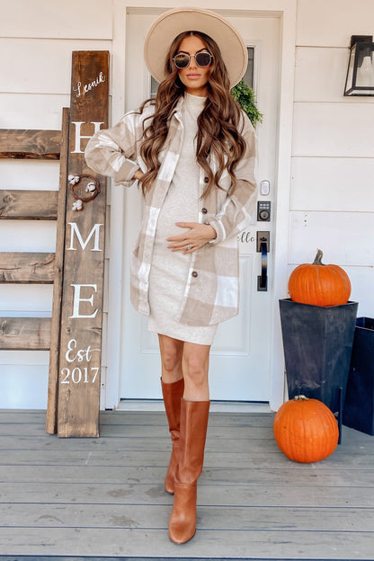 Beige Ribbed Mock Neck Fitted Maternity Dress