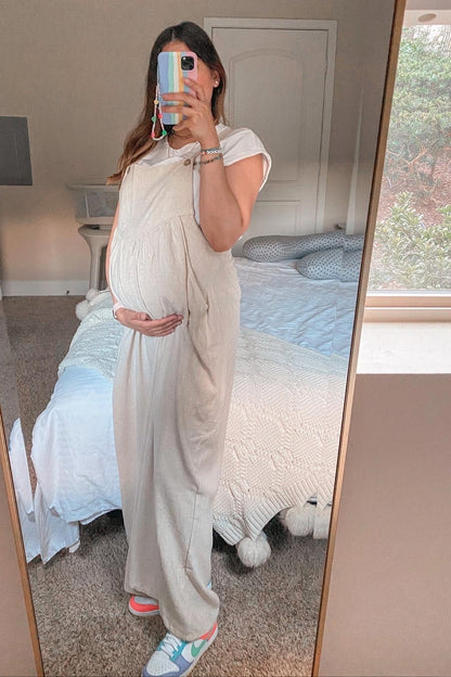 Beige Linen Maternity Overalls