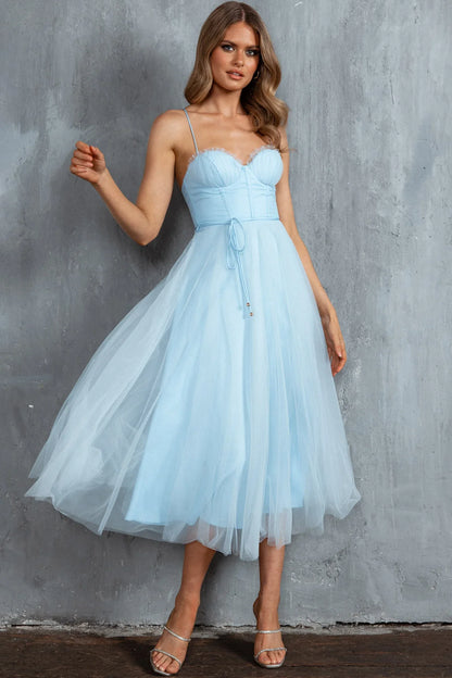 Smitten Sweetheart Neckline Chiffon Midi Dress Blue